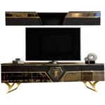 Meuble TV design de luxe miroir mdf avec 2 portes 2 compartiments + etageres