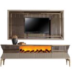 Meuble TV design de luxe avec chemine deco  2 portes 2 tiroirs