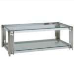 Table basse design 130cm en acier inoxydable poli argenté et plateau en verre trempé transparent