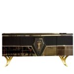 Dressoir design de luxe 4 portes miroir mdf Gold-Anthracite
